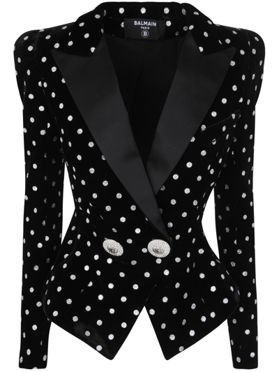 Balmain 2-button Glitter Polka-dot Velvet Jacket In Black Silver