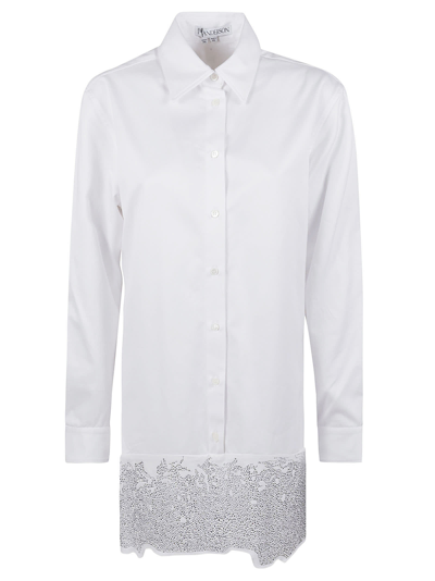 Jw Anderson Distressed Glitter Hem Tunic Cotton Shirt Dress In White