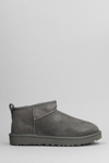 UGG UGG CLASSIC ULTRA MINI LOW HEELS ANKLE BOOTS IN GREY SUEDE