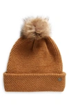 Zella Cozy Heather Beanie With Faux Fur Pompom In Brown Fawn