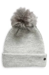 Zella Cozy Heather Beanie With Faux Fur Pompom In Grey Light Heather
