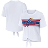 WEAR BY ERIN ANDREWS WEAR BY ERIN ANDREWS WHITE KANSAS JAYHAWKS STRIPED FRONT KNOT CROPPED T-SHIRT