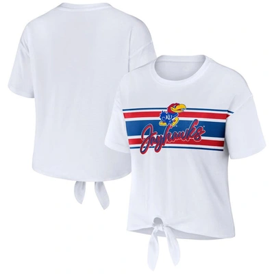 Wear By Erin Andrews Women's  White Kansas Jayhawks Striped Front Knot Cropped T-shirt