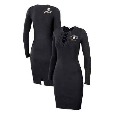 WEAR BY ERIN ANDREWS WEAR BY ERIN ANDREWS BLACK PITTSBURGH STEELERS LACE UP LONG SLEEVE DRESS