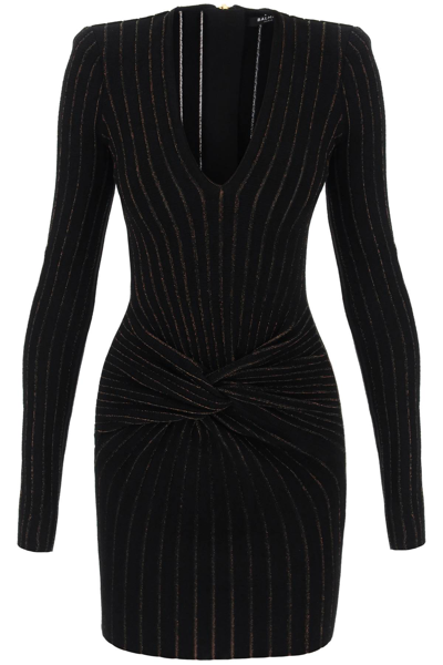 Balmain Knitted Mini Dress With Lurex Stripes In Black