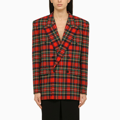 Saint Laurent Checked Double-breasted Wool-blend Blazer In Rouge,multi