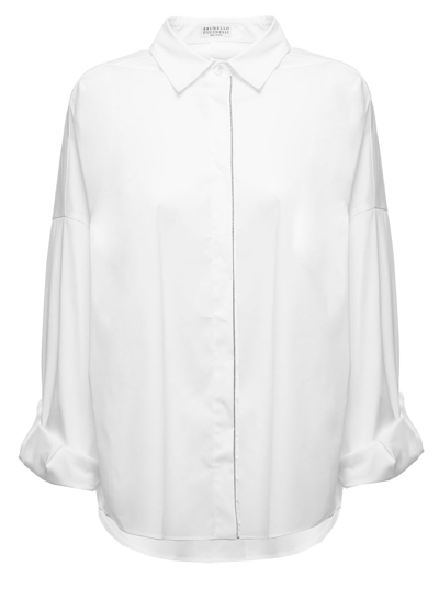 Brunello Cucinelli White Asymmetrical Cotton Poplin Shirt With Monile Insert  Woman