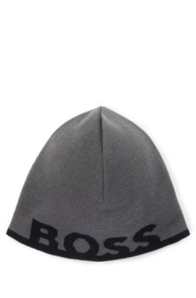 Hugo Boss Beanie Hat With Logo In A Wool Blend In Dark Grey