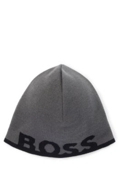 Hugo Boss Beanie Hat With Logo In A Wool Blend In Dark Gray