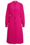 HUGO BOSS BELTED DRESS WITH COLLARLESS V NECKLINE AND BUTTON CUFFS