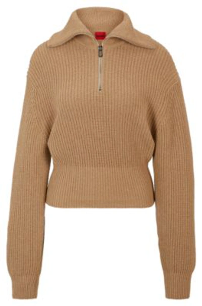 Hugo Zip-neck Sweater With Logo Flag In Light Brown