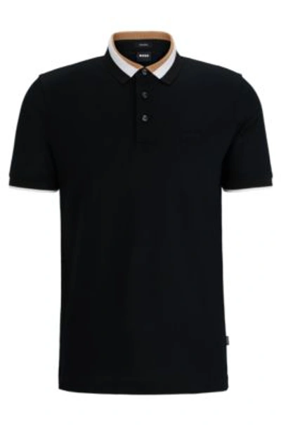 Hugo Boss Mercerized-cotton Polo Shirt With Signature-stripe Collar In Black