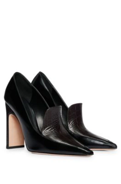 Hugo Boss Leather Pumps With Croc-effect Trim In Black