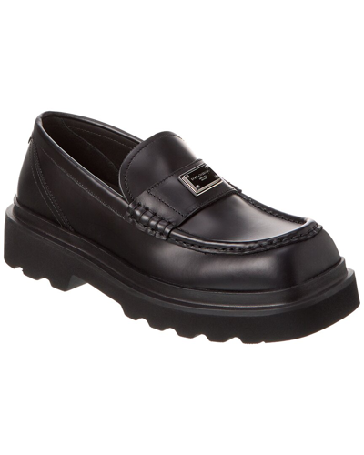 Dolce & Gabbana Black Logo-plaque Leather Loafers.