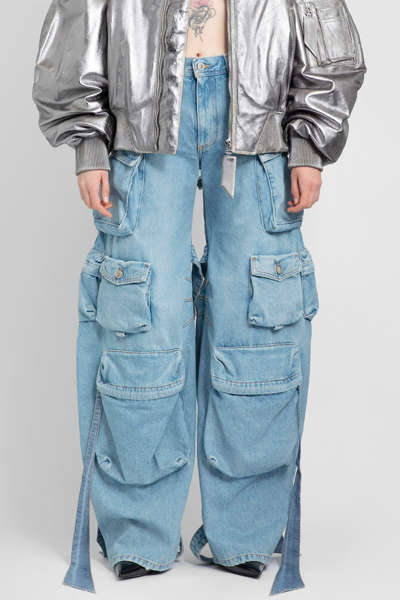 Attico Mid Rise Wide Denim Cargo Jeans In Blue