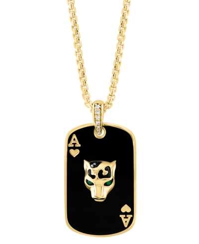 Effy Collection Effy Men's Emerald Accent, & Diamond (1/6 Ct. T.w.) Black Enamel Panther Playing Card 22" Pendant Ne In Yellow Gold