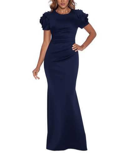 Xscape Petite 3d-flower Short-sleeve Side-pleated Gown In Midnight