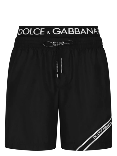 Dolce & Gabbana Mid-length Swim Trunks With Branded Band In Black