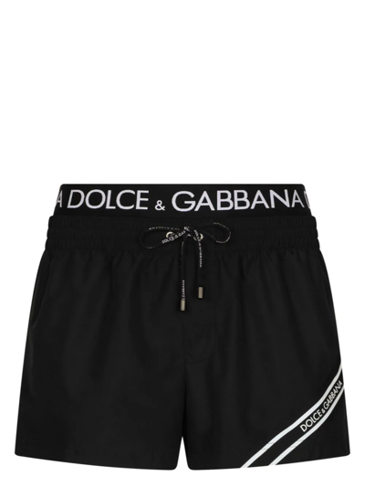 Dolce & Gabbana Short Swim Trunks With Branded Band In Black