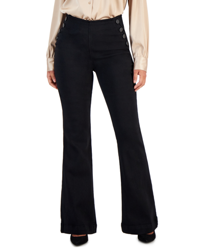 Inc International Concepts Petite Button-detail Flared Wide-leg Jeans, Created For Macy's In Deep Black Wash