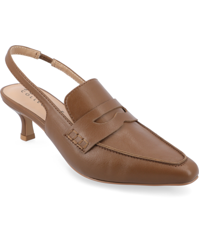 Journee Collection Women's Amory Tailored Kitten Heel Slingback Penny Loafers In Brown