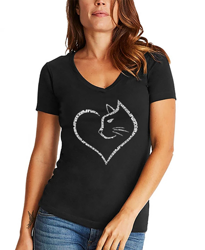 La Pop Art Women's Cat Heart Word Art V-neck T-shirt In Black