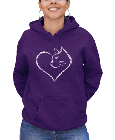 La Pop Art Women's Cat Heart Word Art Hooded Sweatshirt In Purple