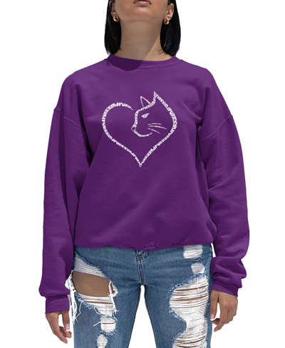La Pop Art Women's Cat Heart Word Art Crewneck Sweatshirt In Purple