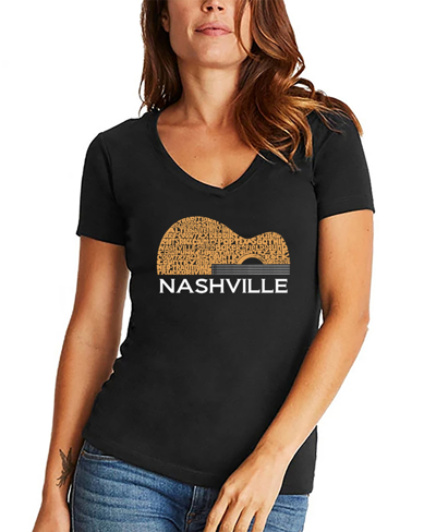 La Pop Art Women's Nashville Guitar Word Art V-neck T-shirt In Black