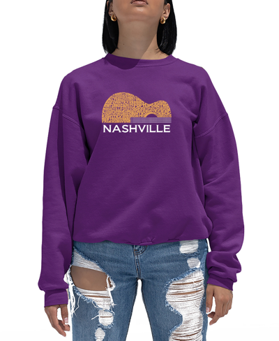 La Pop Art Women's Nashville Guitar Word Art Crewneck Sweatshirt In Purple