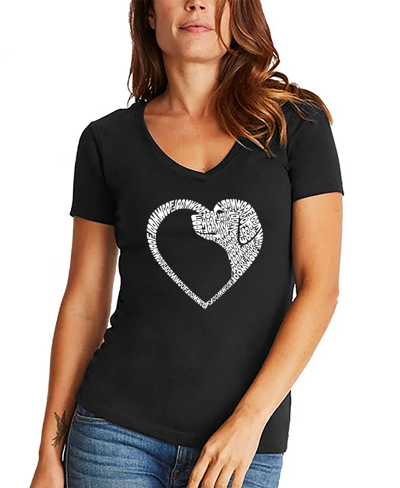 La Pop Art Women's Dog Heart Word Art V-neck T-shirt In Black