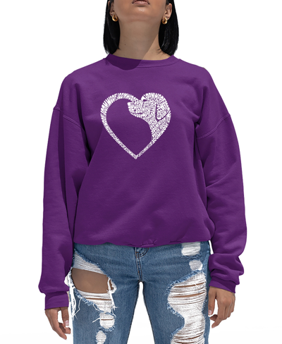 La Pop Art Women's Dog Heart Word Art Crewneck Sweatshirt In Purple