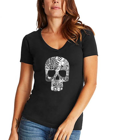 La Pop Art Women's Rock And Roll Skull Word Art V-neck T-shirt In Black