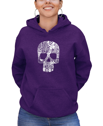 La Pop Art Women's Rock And Roll Skull Word Art Hooded Sweatshirt In Purple