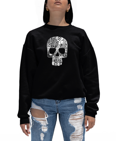 La Pop Art Women's Rock And Roll Skull Word Art Crewneck Sweatshirt In Black