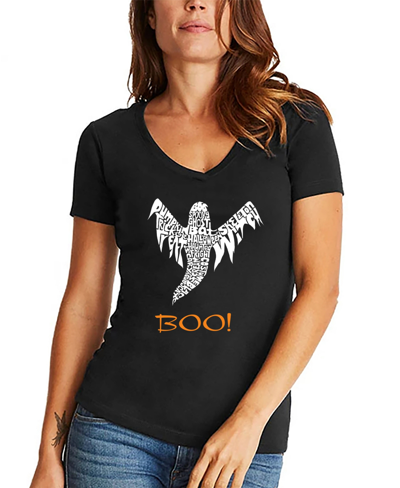 La Pop Art Women's Halloween Ghost Word Art V-neck T-shirt In Black