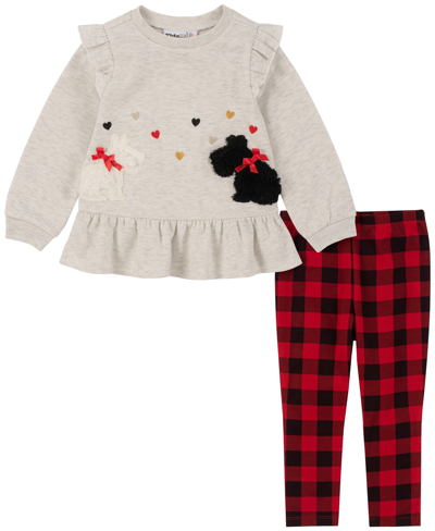 Kids Headquarters Baby Girls Heather Ruffled French Terry Tunic Pullover And Buffalo Plaid Leggings, 2 Piece Set In Gray