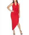 24seven Comfort Apparel Womens Cowl Neck Long Asymmetrical Backless Halter Dress In Red