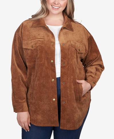 Ruby Rd. Plus Size Button Up Solid Pincord Jacket In Chestnut