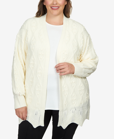Ruby Rd. Plus Size Solid Textured Zigzag Hem Open Cardigan Sweater In Ivory