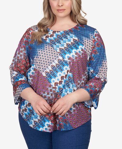 Ruby Rd. Plus Size Mixed Bohemian Geo Patchwork Top With Bell Sleeves In Aegean Blue Multi
