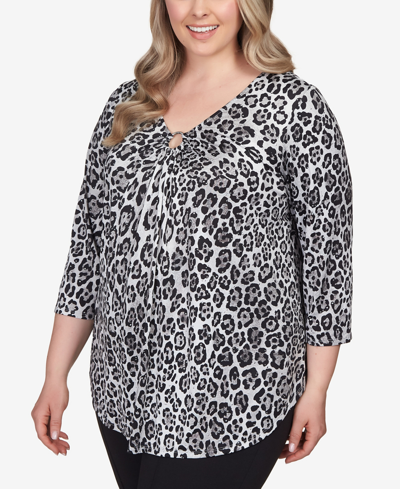 Ruby Rd. Plus Size Cheetah O-ring Dew Drop Accent Top In Gray Multi