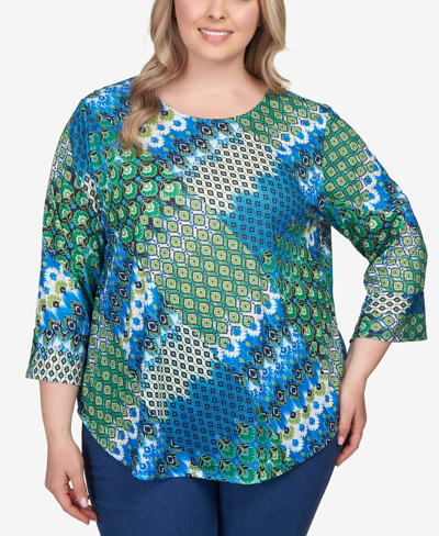 Ruby Rd. Plus Size Mixed Bohemian Geo Patchwork Top With Bell Sleeves In Jewel Green Multi