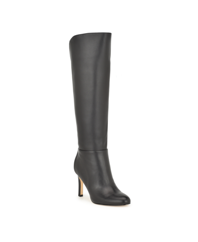 Nine West Women's Sancha Almond Toe Stiletto Heel Dress Regular Calf Boots In Black Leather