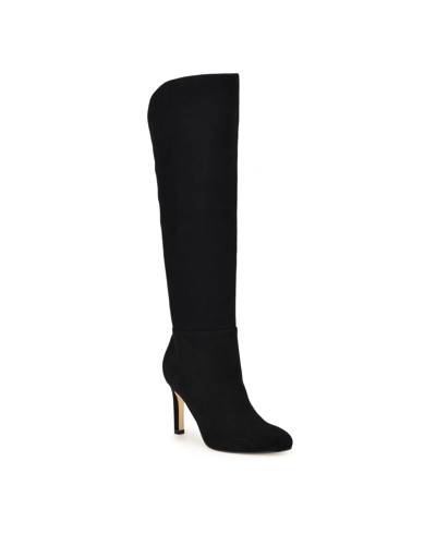 Nine West Women's Sancha Almond Toe Stiletto Heel Dress Regular Calf Boots In Black Suede