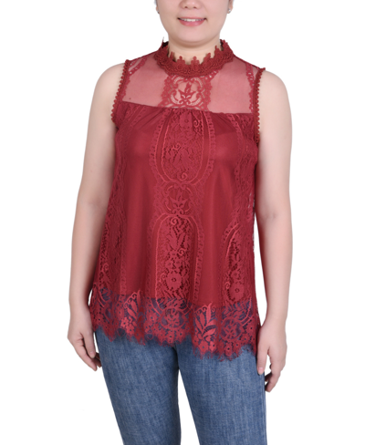 Ny Collection Petite Lace Mock-neck Top In Rose Wood
