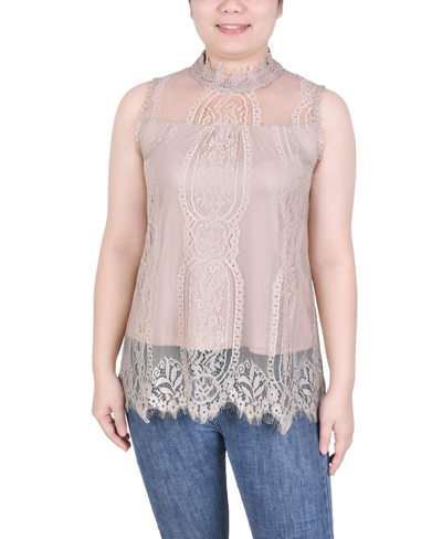 Ny Collection Petite Lace Mock-neck Top In Tan