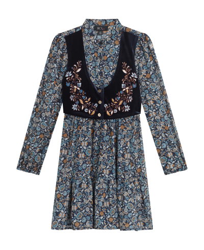 Beautees Big Girls Long Sleeves Print Chiffon Dress With Embroidered Velvet Faux Vest In Navy
