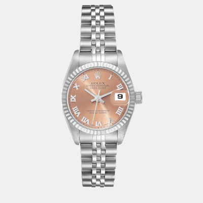 Pre-owned Rolex Datejust Steel White Gold Salmon Dial Ladies Watch 69174 In Pink