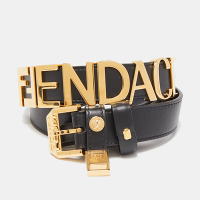 Pre-owned Fendi X Versace Black Leather Logo Letters Buckle Belt 105cm